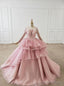Pink Ball Gowns Tulle Long Sleeve Beading Wedding Dresses