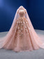 Pink Ball Gowns Tulle Sequins 3D Appliques Prom Dresses With Shawl