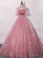 Pink Ball Gowns Tulle Short Sleeve Beading Quinceanera Dresses