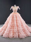 Pink Ball Gowns Tulle V Neck Backless Beading Long Prom Dresses