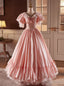 Pink Ball Gowns V Neck Puff Sleeve Satin Lace Prom Dresses