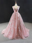 Pink Ball Gowns V Neck Tulle Appliques Beading Prom Dresses