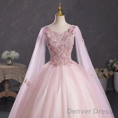 Pink Ball Gown V-Neckline Floral Lace Sweet 16 Dress, Pink Ball Gown Prom Dress