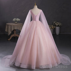 Pink Ball Gown V-Neckline Floral Lace Sweet 16 Dress, Pink Ball Gown Prom Dress