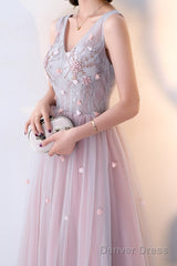 Pink Beaded V-Neckline Tulle Long Party Dresses, Pink Formal Dresses Evening Dresses