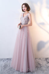 Pink Beaded V-Neckline Tulle Long Party Dresses, Pink Formal Dresses Evening Dresses