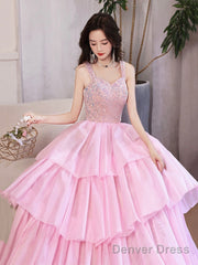 Pink/Blue Tulle Layers Long A-Line Prom Dress, A-Line Spaghetti Strap Sequins Evening Dress