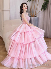 Pink/Blue Tulle Layers Long A-Line Prom Dress, A-Line Spaghetti Strap Sequins Evening Dress