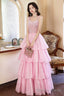 Pink/Blue Tulle Layers Long A-Line Prom Dress, A-Line Spaghetti Strap Sequins Evening Dress