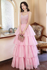 Pink/Blue Tulle Layers Long A-Line Prom Dress, A-Line Spaghetti Strap Sequins Evening Dress