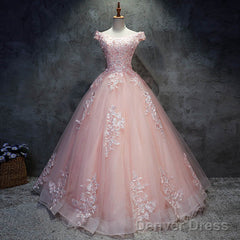Pink Cap Sleeves Ball Gown Tulle With Lace Sweet 16 Dresses, Long Quinceanera Dresses