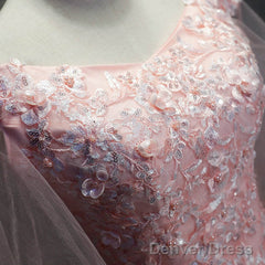 Pink Cap Sleeves Ball Gown Tulle With Lace Sweet 16 Dresses, Long Quinceanera Dresses