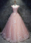 Pink Cap Sleeves Ball Gown Tulle With Lace Sweet 16 Dresses, Long Quinceanera Dresses