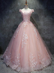 Pink Cap Sleeves Ball Gown Tulle With Lace Sweet 16 Dresses, Long Quinceanera Dresses