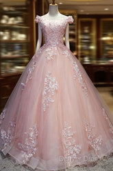 Pink Cap Sleeves Ball Gown Tulle With Lace Sweet 16 Prom Dresses, Long Quinceanera Dresses