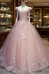 Pink Cap Sleeves Ball Gown Tulle With Lace Sweet 16 Prom Dresses, Long Quinceanera Dresses