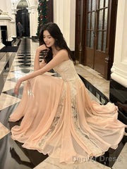 Pink Chiffon And White Lace Straps A-Line Prom Dress, Long Chic Evening Dress Party Dress