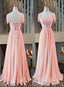 Pink Chiffon Cap Sleeves Long Bridesmaid Dress, Floor Length Pink Prom Dresses