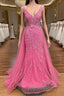 Pink Corset Prom Dress Elegnat A Line Deep V Neck Prom Dresses with Appliques