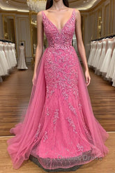 Pink Corset Prom Dresses Elegnat A Line Deep V Neck Party Evening Dresses with Appliques