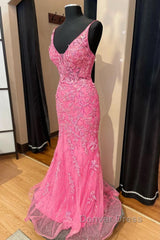 Pink Corset Prom Dresses Elegnat A Line Deep V Neck Party Evening Dresses with Appliques