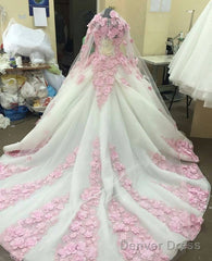 Pink Floral Flowers Long Sleeves Organza Wedding Dresses Ball Gowns