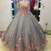 Pink Floral Lace Appliques Gray Tulle Ball Gowns Wedding Dresses