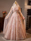 Pink Floral Lace Long Prom Dresses, A Line Tulle Pink Prom Gowns With Cape