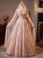 Pink Floral Lace Long Party Dress, A-Line Tulle Pink Formal Gown With Cape