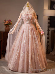 Pink Floral Lace Long Party Dress, A-Line Tulle Pink Formal Gown With Cape
