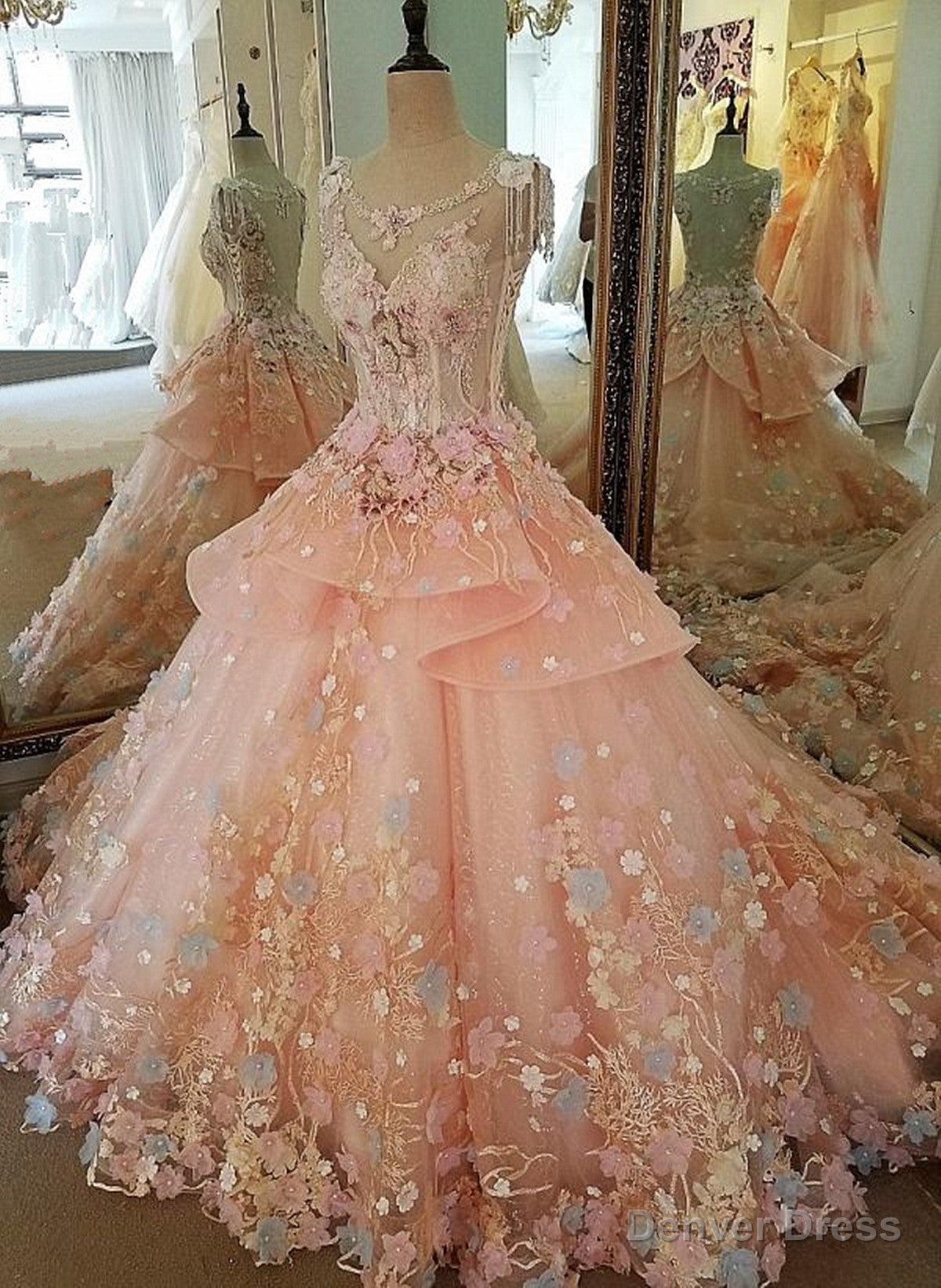 Pink Flowers Round Neckline Sweet 16 Dress, Pink Quinceanera Dresses
