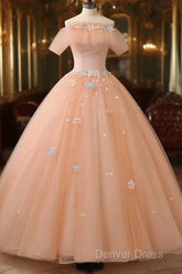Pink Flowers Tulle Off Shoulder Party Dresses, Pink Tulle Sweet 16 Dresses