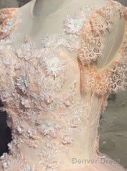 Pink Gorgeous Tulle And Lace Cap Sleeves Sweet 16 Dresses, Pink Formal Gown