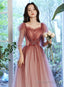 Pink Gradient Tulle A Line Puffy Sleeves Prom Dress, Pink Long Prom Dresses