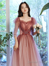 Pink Gradient Tulle A-Line Puffy Sleeves Party Dress, Pink Long Prom Dress