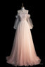Pink Gradient Tulle Long A Line Prom Dress, Long Sleeve Prom Dresses
