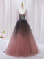 Pink Gray Tulle V Neck Beading Prom Dresses