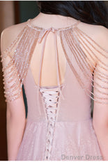 Pink Haler Tulle Beaded A-Line Prom Dress, Pink Tulle Evening Dress Party Dress