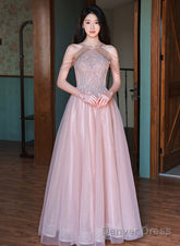 Pink Haler Tulle Beaded A-Line Prom Dress, Pink Tulle Evening Dress Party Dress