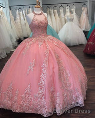 Pink Halter Ball Gown Dress, Lace Prom Dress