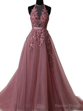 Pink Halter Lace-up Long Formal Gown, Pink Party Dresses