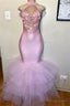Pink Halter Sleeveless Flower Appliques Tulle Mermaid Prom Party Gowns
