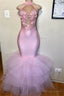 Pink Halter Sleeveless Flower Appliques Tulle Mermaid Prom Gown
