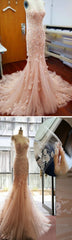 Pink Handmade Flowers Lace Appliques Sweetheart Strapless Sexy Mermaid Long Wedding Dresses,