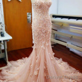 Pink Handmade Flowers Lace Appliques Sweetheart Strapless Sexy Mermaid Long Wedding Dresses,
