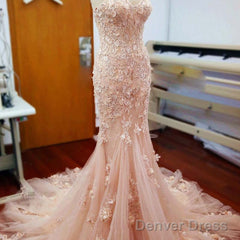 Pink Handmade Flowers Lace Appliques Sweetheart Strapless Sexy Mermaid Long Wedding Dresses,