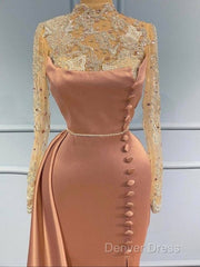 Pink High Neck Long Sleeves Sheer Beading Prom Formal Dresses
