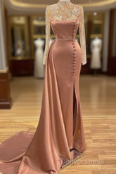 Pink High Neck Long Sleeves Sheer Beading Prom Formal Dresses