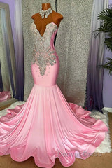 Pink High Neck Mermaid Beading Satin Prom Dresses