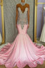 Pink High Neck Mermaid Beading Satin Prom Dresses